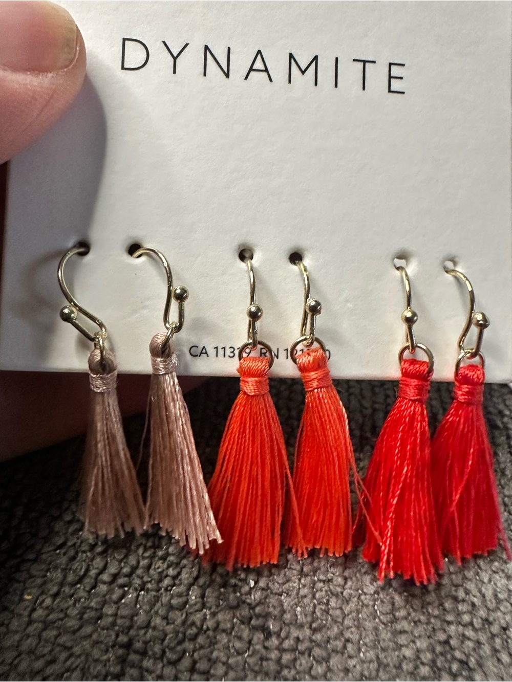 Dynamite Tassel Earring Trio in Beige, Orange & Red